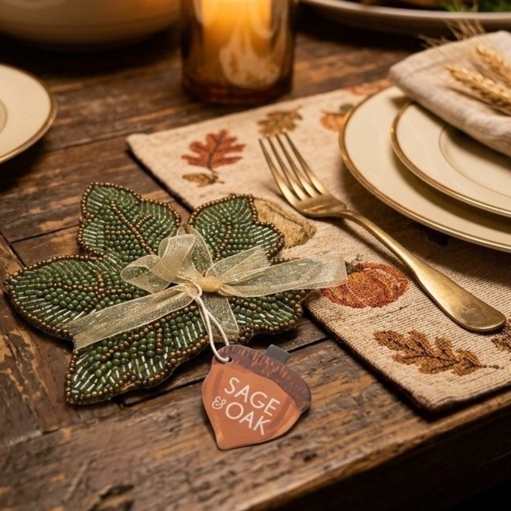 Sage & Oak Beaded Leaf Coasters Set of 4 Green Gold Autumn Fall Harvest Decor
